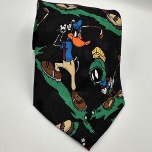 Vintage Looney Tunes Mania Tie Black Daffy‎ Bugs Taz Golf Cartoon 90s Polyester
